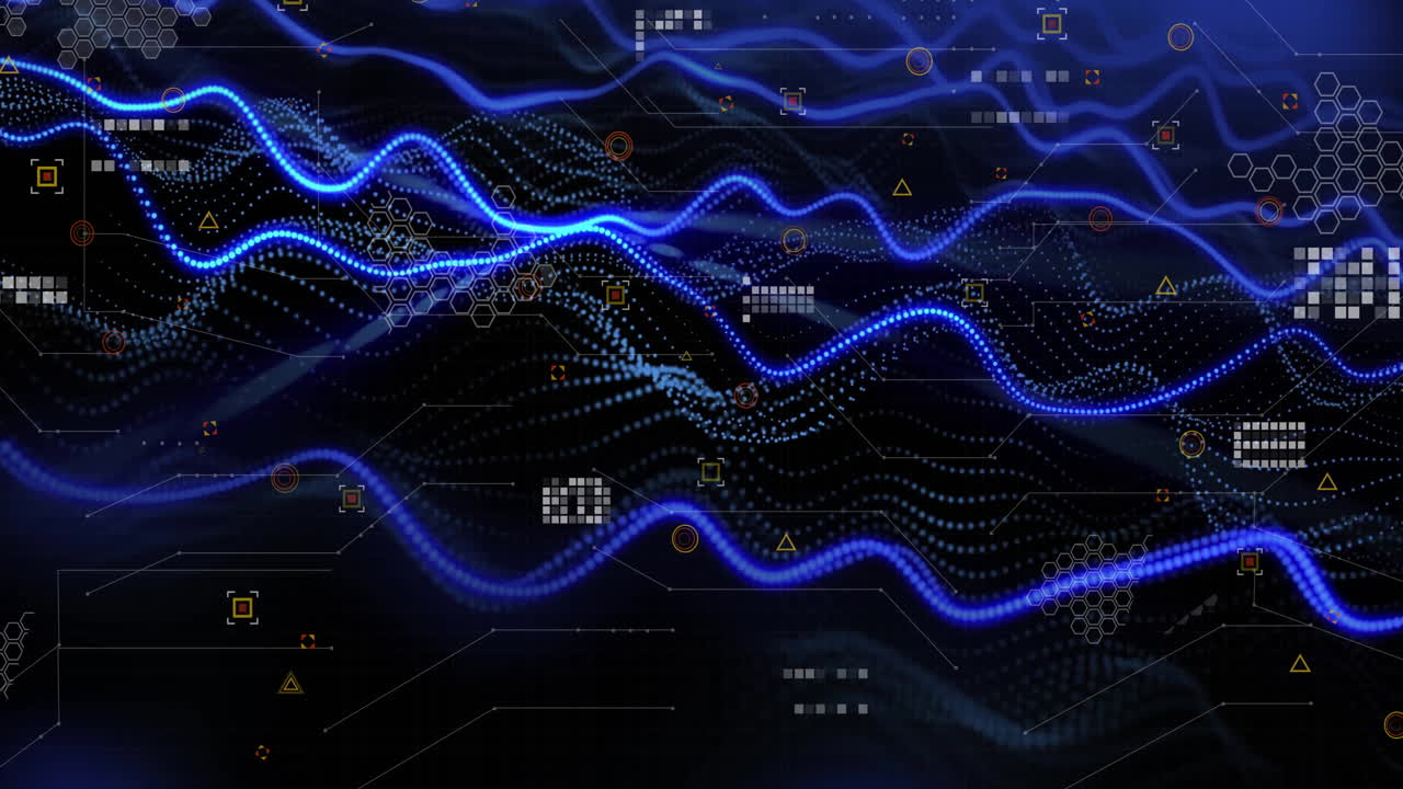 Blue waveforms and data points, animation of digital data processing