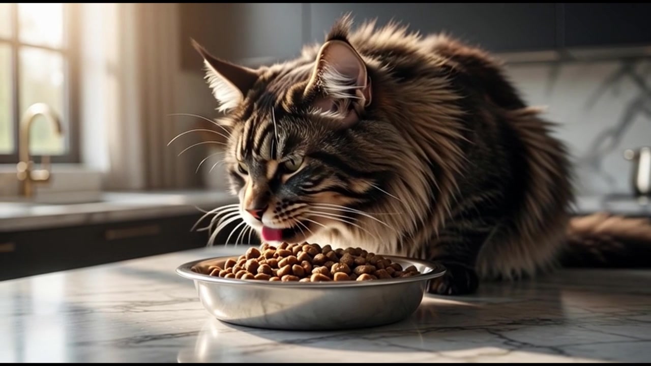 Maine Coon Katze frisst Trockenfutter aus einem Napf auf einer Küchenarbeitsplatte
