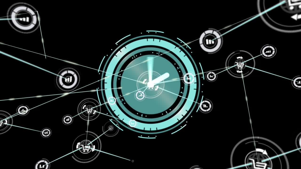 Animation of clock with turning hands, over network of connections and data processing on black