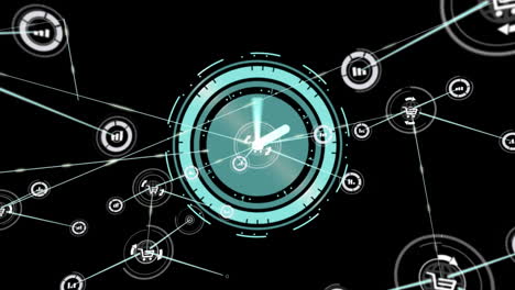 animación de reloj con manecillas giratorias, a través de la red de conexiones y procesamiento de datos en negro