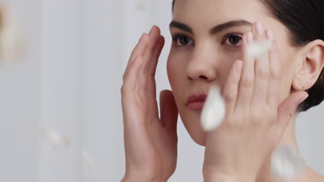 close up portrait beautiful young woman rose petals falling touching bare skin enjoying natural beauty fragrance caressing smooth healthy skincare sensual feminine elegance slow motion