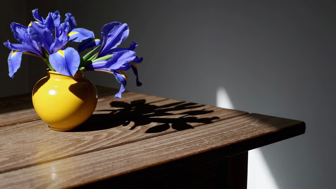 Blue Irises in a Yellow Vase on a Wooden Table with Shadows