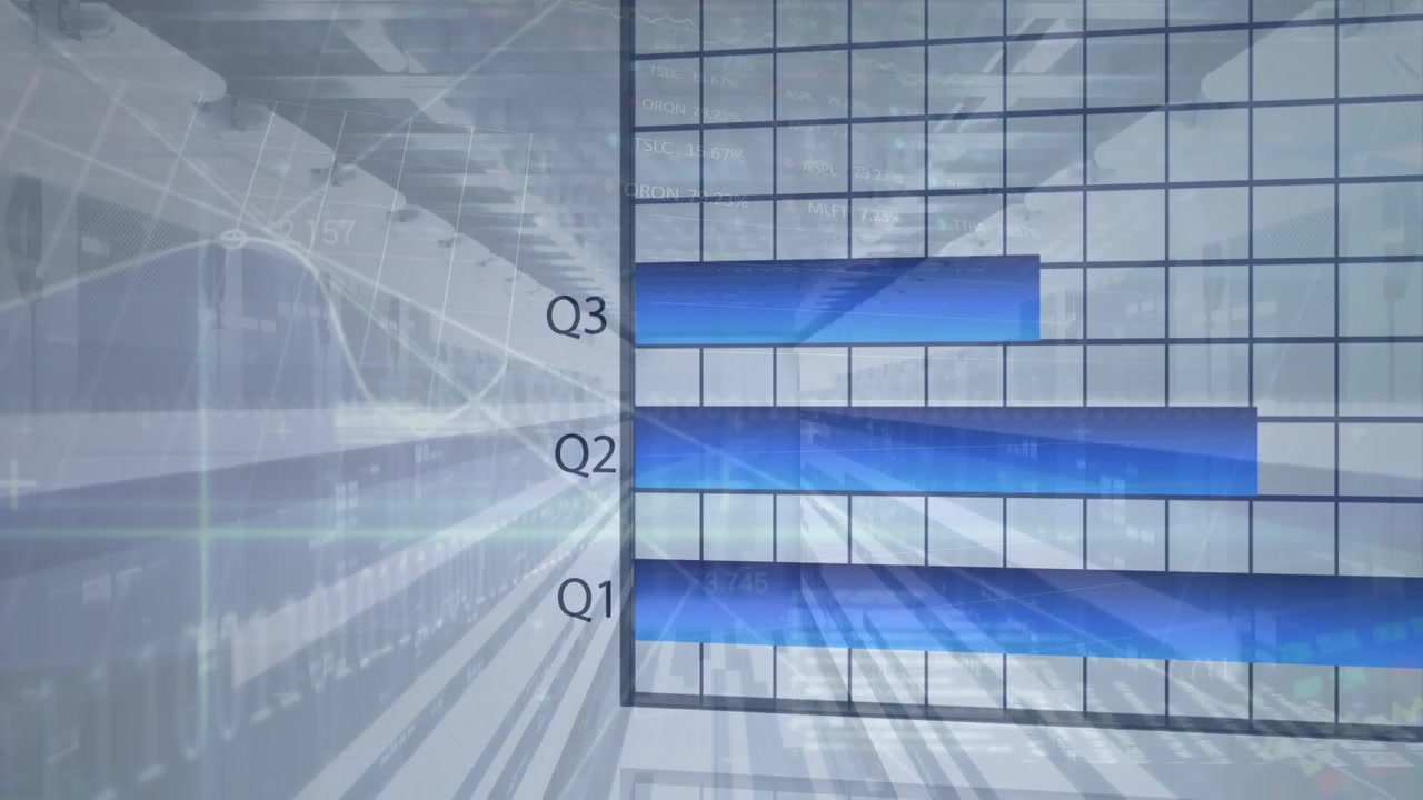 Animation of graphs and financial data over moving tunnel