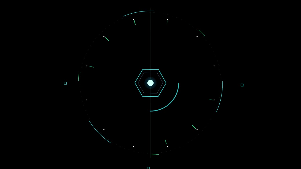 Futuristic Digital HUD Interface with Rotating Hexagon and Circular Elements