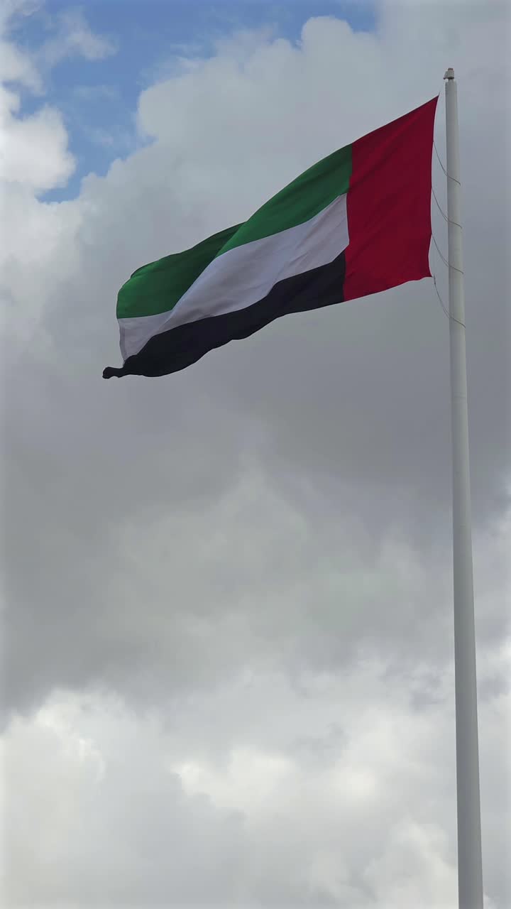 La bandiera nazionale degli Emirati Arabi Uniti sventola su Sharjah in una giornata nuvolosa