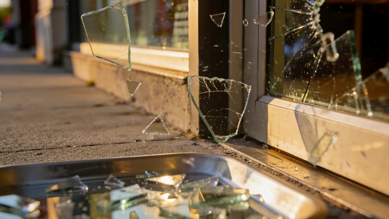 Shattering shop window after hit sending shards into metal tray on sidewalk, reflecting street