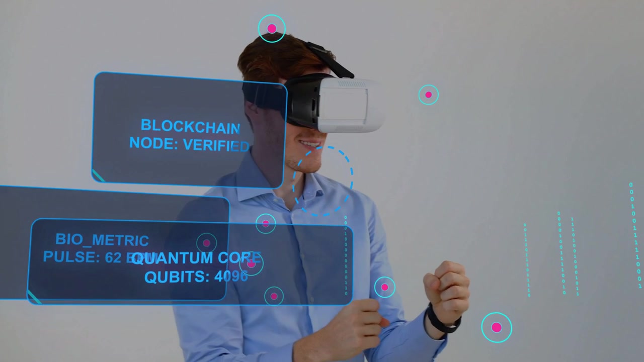 Securing headset, man activating HUD, gesturing, verifying blockchain and displaying pulse for demo
