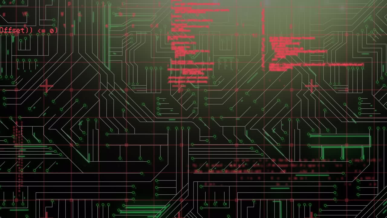 Digital animation of data processing against microprocessor connections on black background