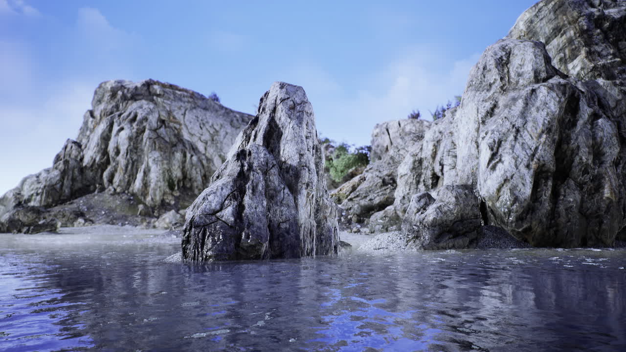 Beautiful rocky shoreline with calm water under a clear blue sky