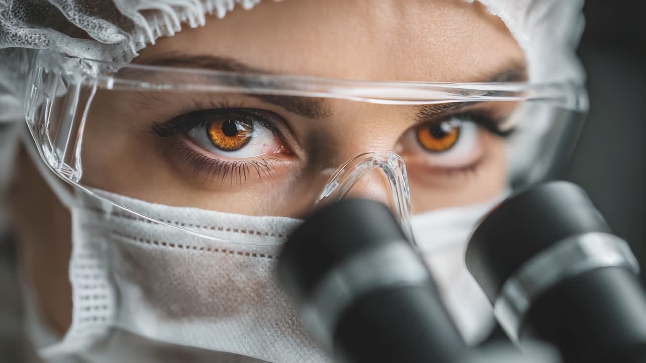 Primo Piano di una Persona che Indossa Equipaggiamento Protettivo e Osserva Attentamente Attraverso i Microscopi in un Ambiente di Laboratorio, Sottolineando l'Attenzione ai Dettagli e la Concentrazione