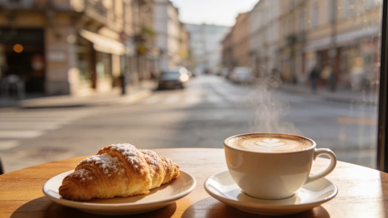 Latte caldo che rilascia vapore su un tavolo di legno in un caffè vicino a una finestra, il vapore che sale e segnala l'atmosfera mattutina