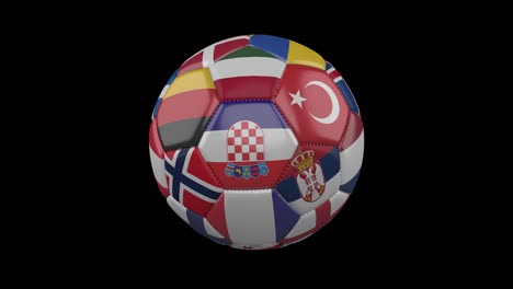 europe flags on soccer ball rotating on transparent, 4k footage with alpha, loop 3