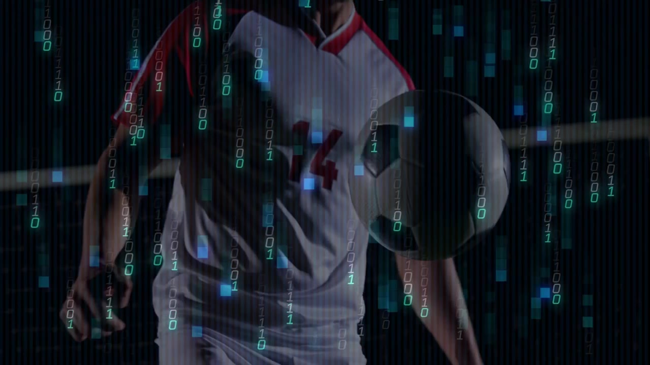 Soccer player tapping ball, foot to chest juggling demonstrating control with binary tech overlay