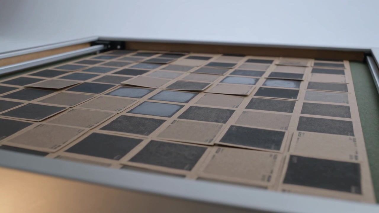 Tilting camera revealing framed grid of dark samples on wall, showing lighter tile and metal rail