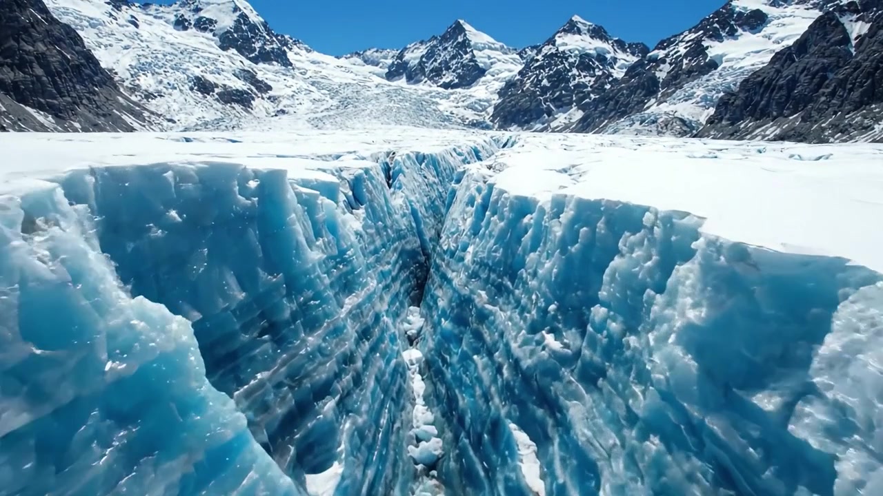 Paesaggio glaciale mozzafiato: una vista panoramica di formazioni di ghiaccio crepato e cime innevate sotto un cielo azzurro e limpido.