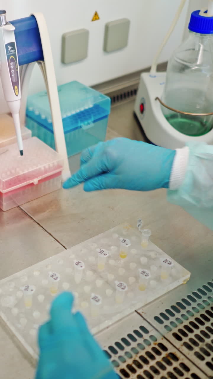 Medical equipment on the table in laboratory. Female hands working with test tubes. Researcher in his work place in modern lab. Vertical video