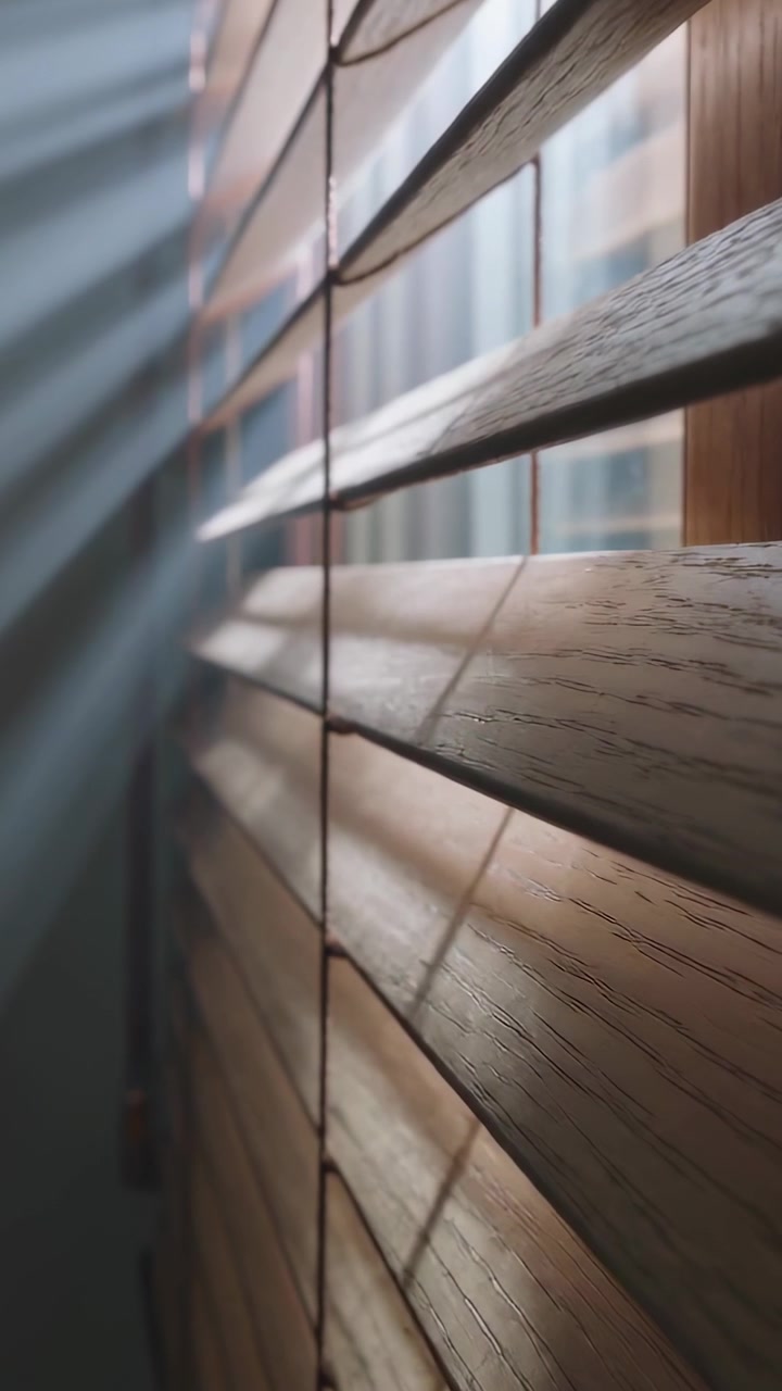Video verticale: Luce solare che si sposta facendo inclinare le persiane di legno alla finestra, con corde e ombre.