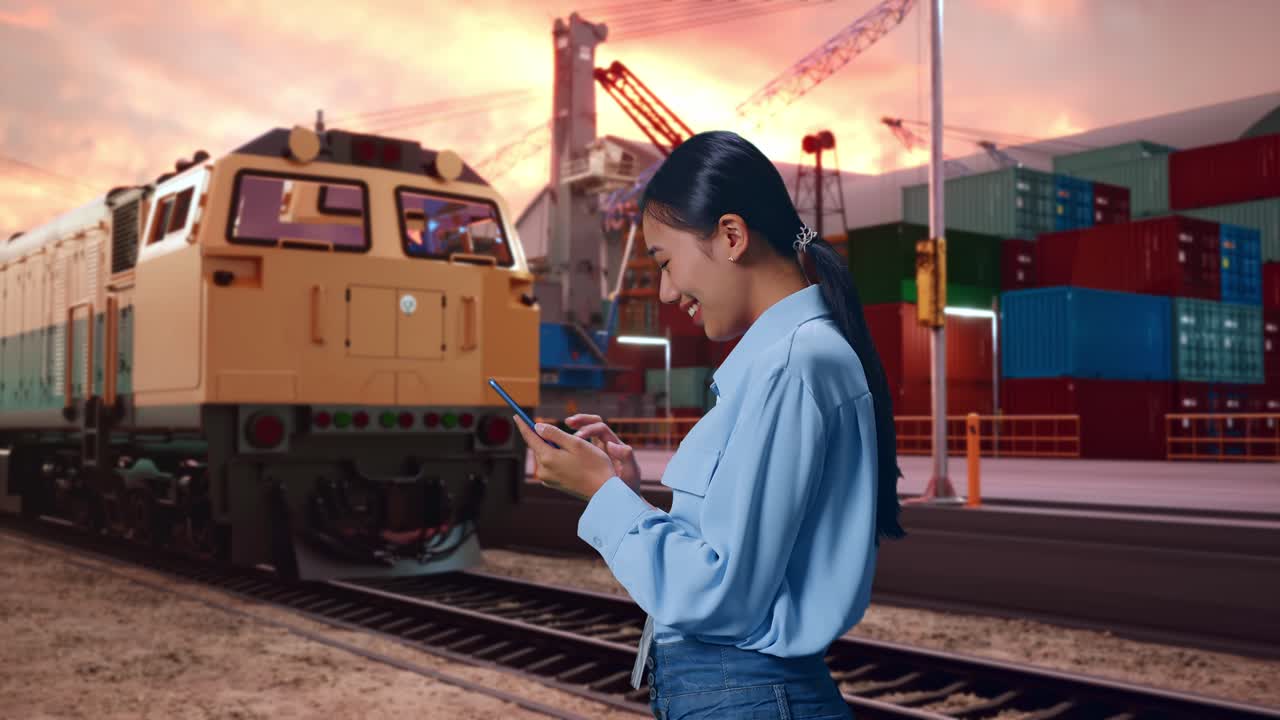 Side View Of Asian Female With Her Smartphone With Freight Cargo Train At Port, Checking On Her Smartphone With Meditation
