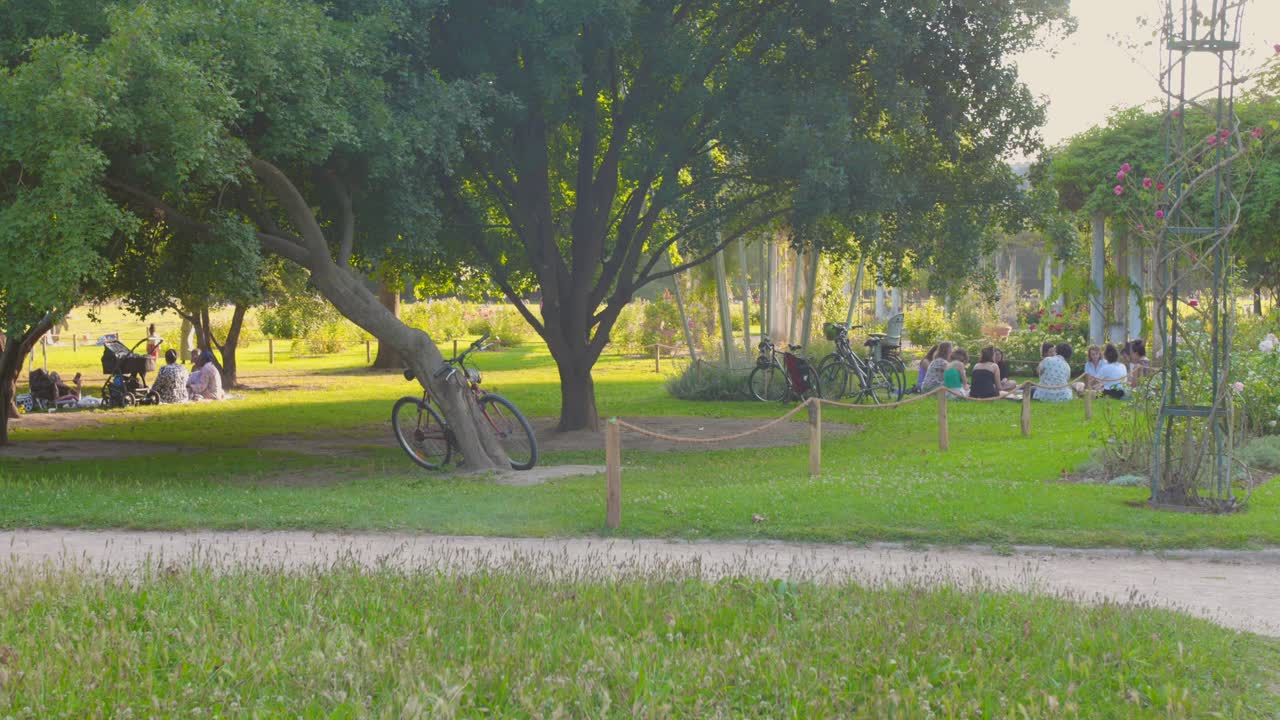 Motion video of tourists and locals relaxing at "Park of the Golden Head" in Lyon, France during morning.