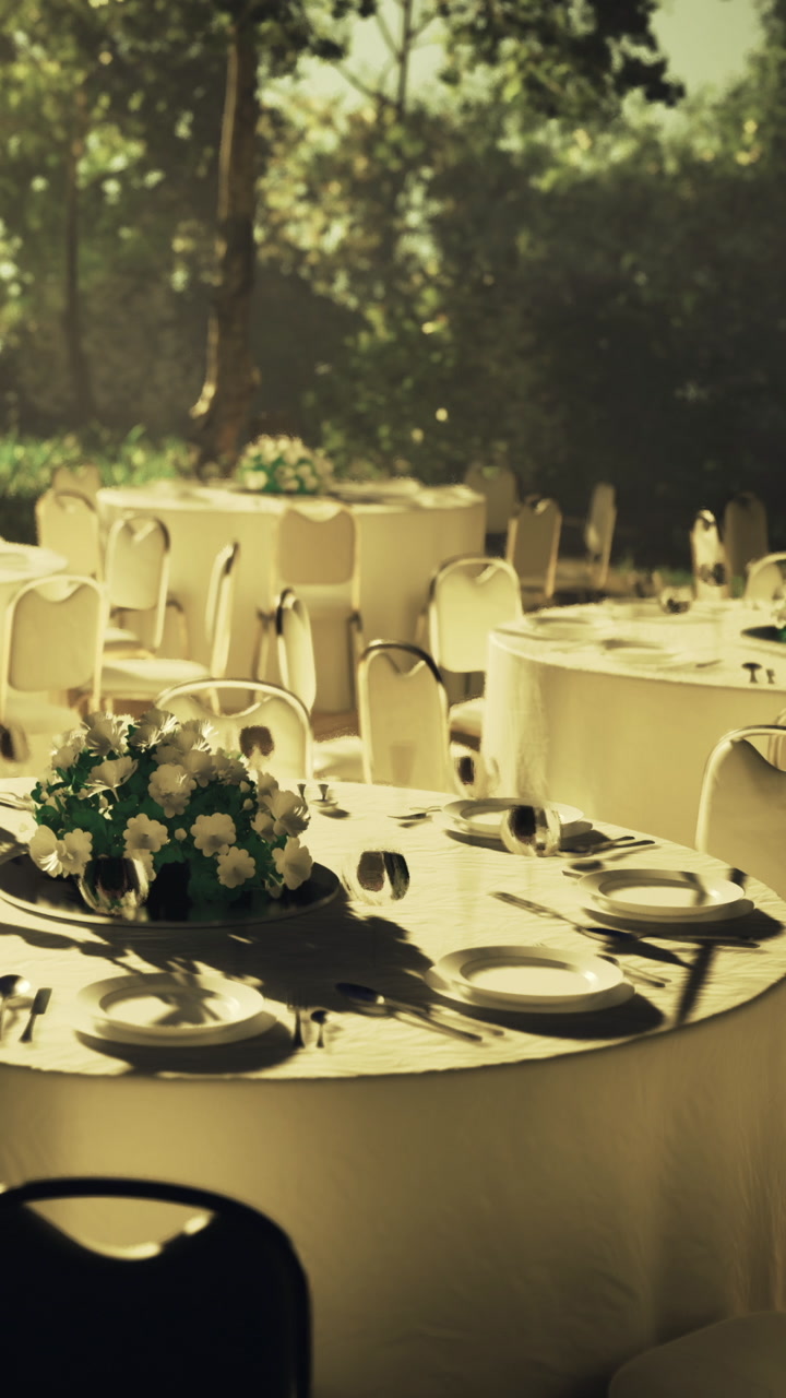 Elegant tables set in garden for festive gathering during sunny afternoon