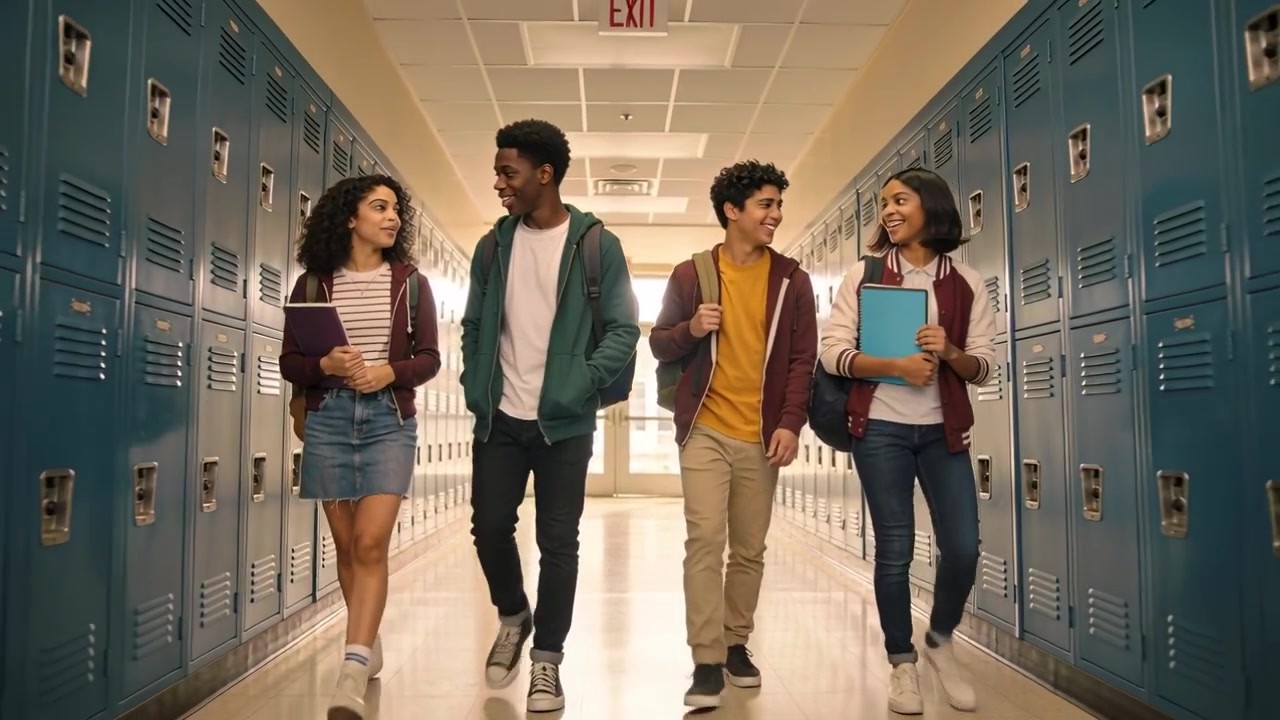 Walking four high-school students chatting in school hallway, holding purple binder and blue folder