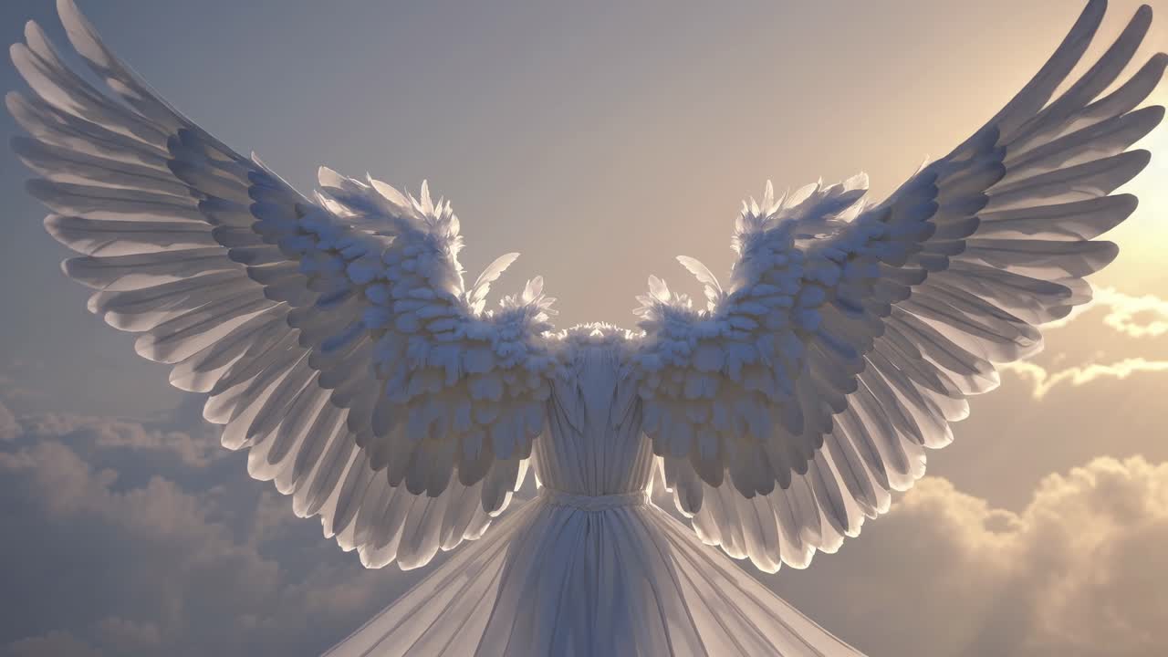 Aerial view of an angelic figure with expansive wings against a sunset sky, evoking a serene