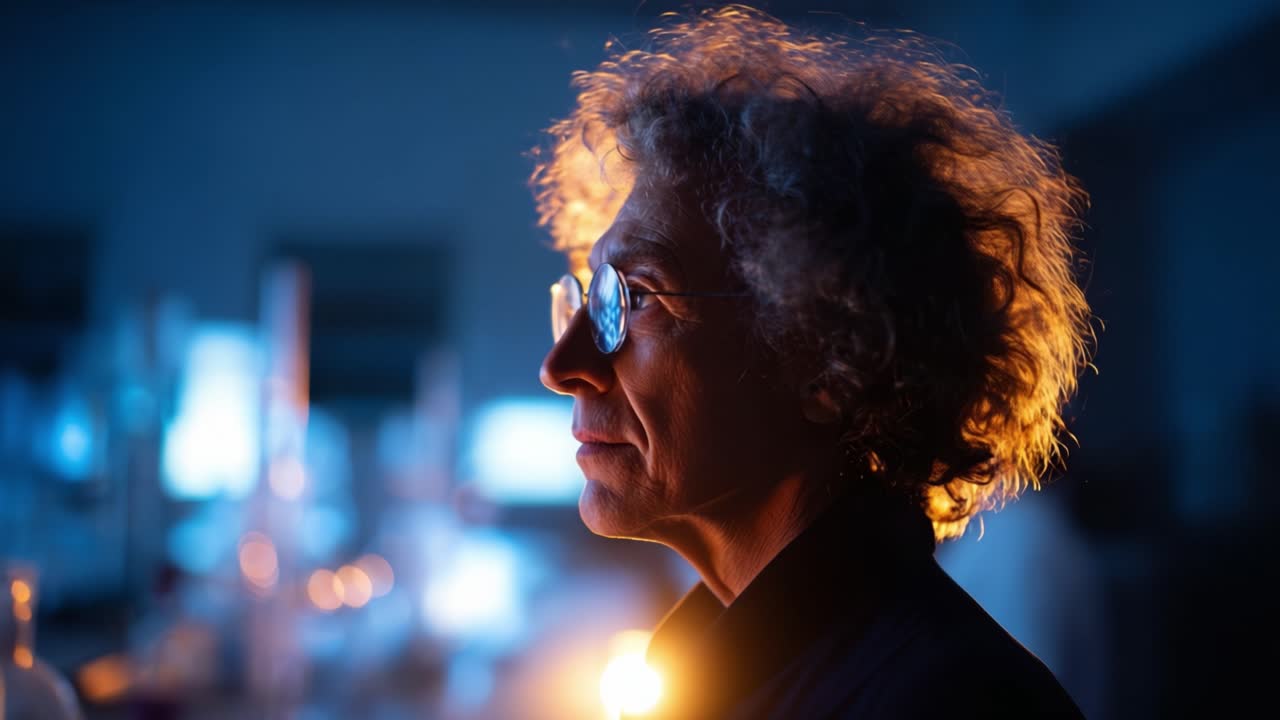A thoughtful scientist posing in a laboratory, illuminated by ambient light, showcasing a moment of reflection amidst scientific exploration and discovery