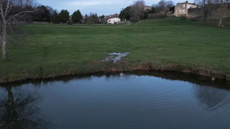 serene duck pond in bourg at dusk, bordeaux, france - aerial