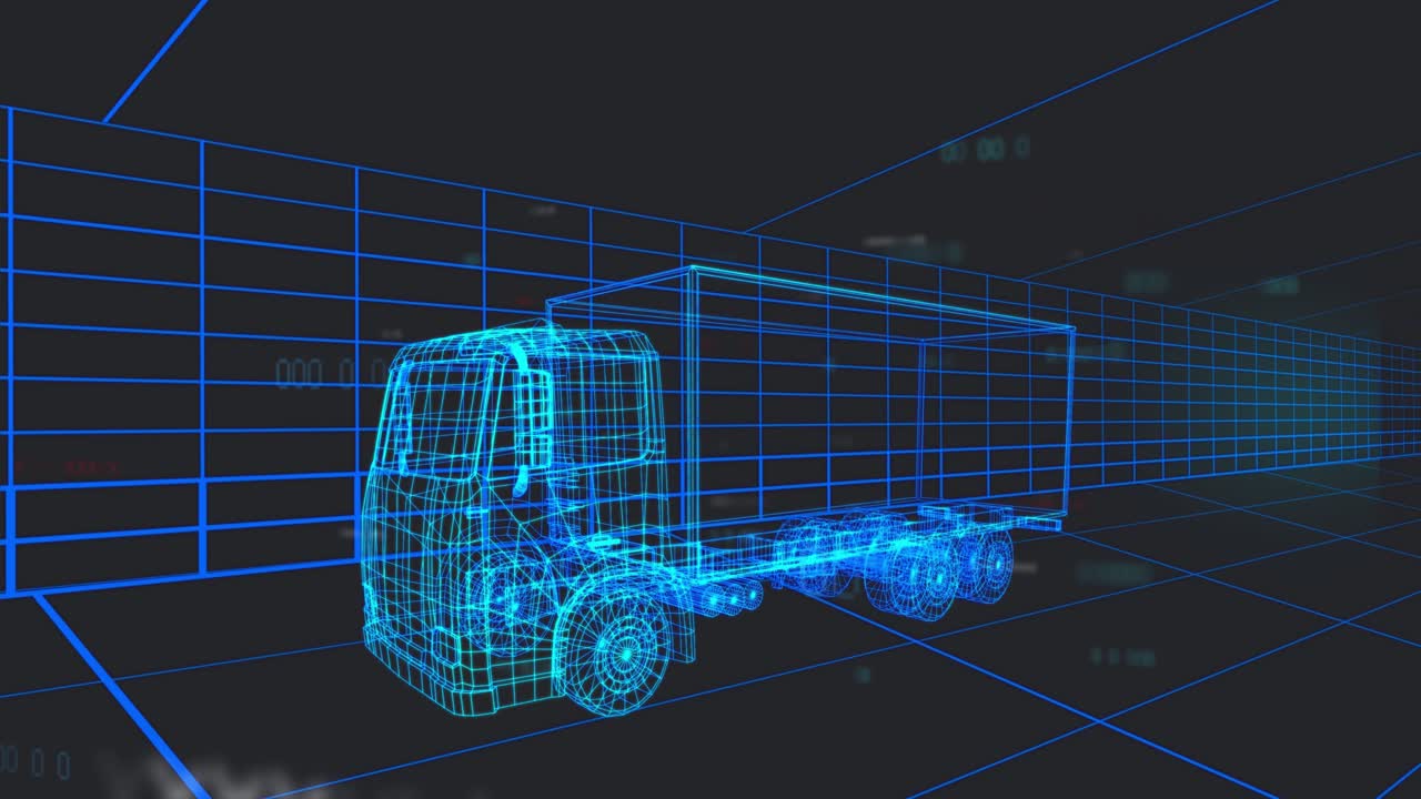 Neon-blue grid forming, wireframe truck fading, camera sweeping binary digits showcasing simulation
