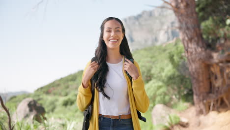 Hiking,-nature-and-face-of-woman-on-mountain