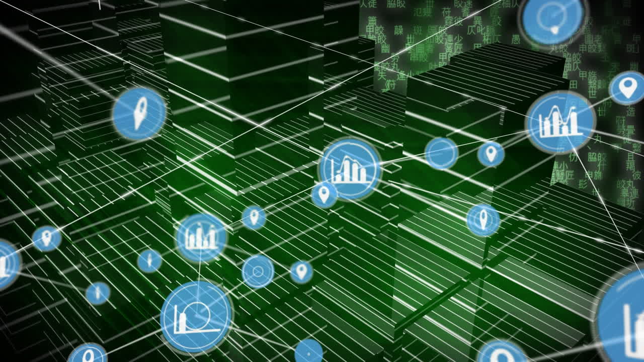 animación de una red de iconos digitales sobre un modelo de ciudad 3d girando contra un fondo verde.