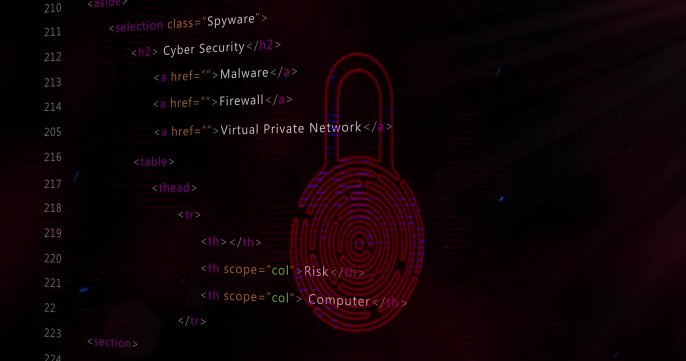 Animation of online biometric fingerprint security padlock, binary coding and data processing