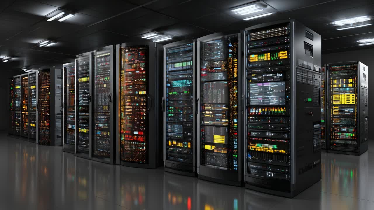 A High-Tech Data Center Featuring Rows of Modern Server Racks Equipped with Colorful LED Indicators and Advanced Monitoring Systems, Showcasing State-of-the-Art Computing Infrastructure