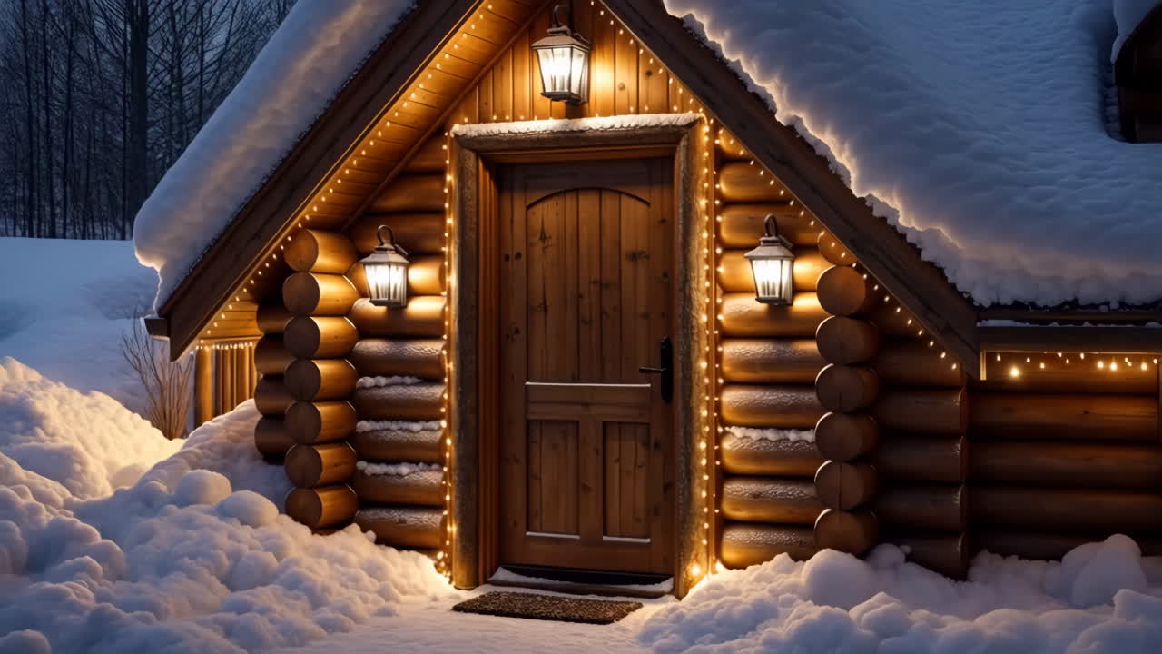 Cozy Log Cabin in Snow with Festive Lights at Night
