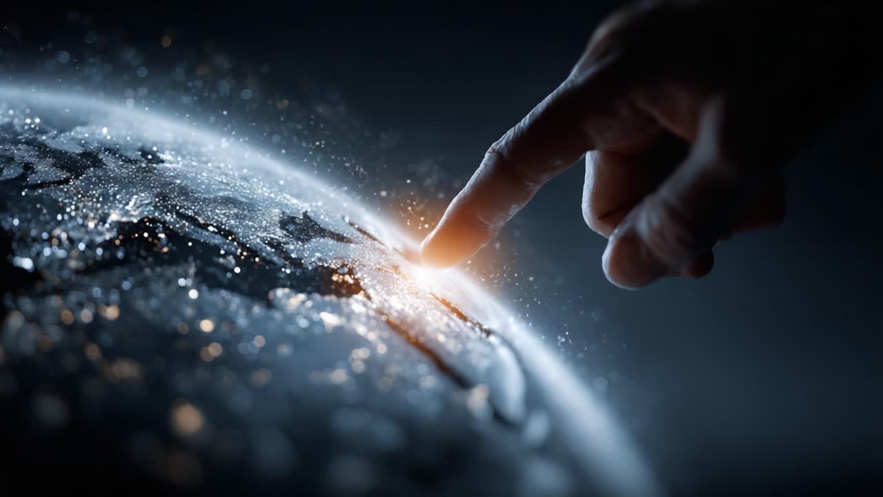 Un primo piano di una mano che tocca delicatamente una Terra splendente, illuminata da una luce soffusa, che rappresenta connessione e scoperta in un universo di stelle.