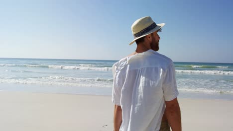 hombre con sombrero de pie con los brazos extendidos en la playa 4k
