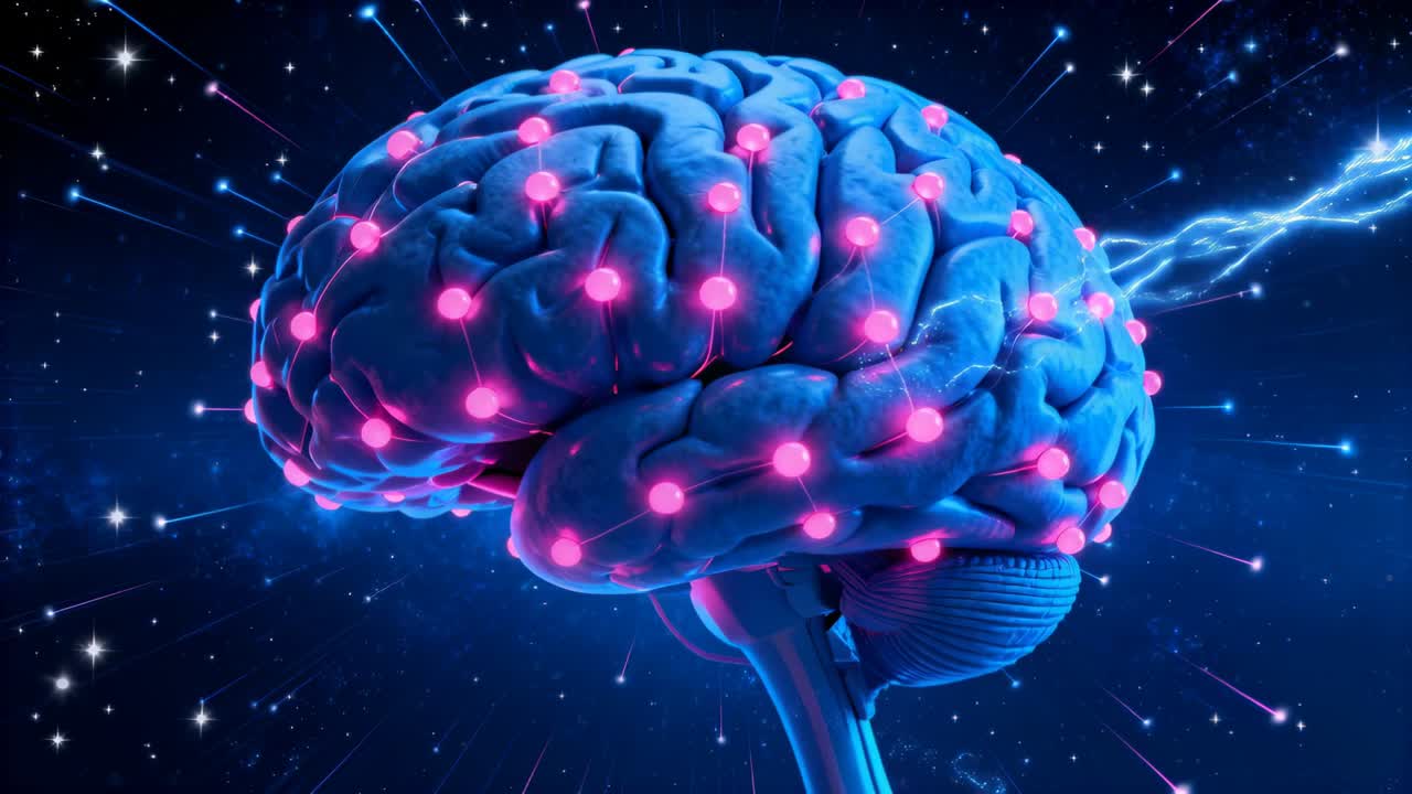 Brightening magenta nodes on blue brain initiating activation arcs at deep-blue starfield