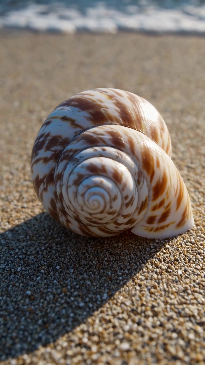 Close-up of a Spiral Seashell on Sandy Beach with Ocean Waves