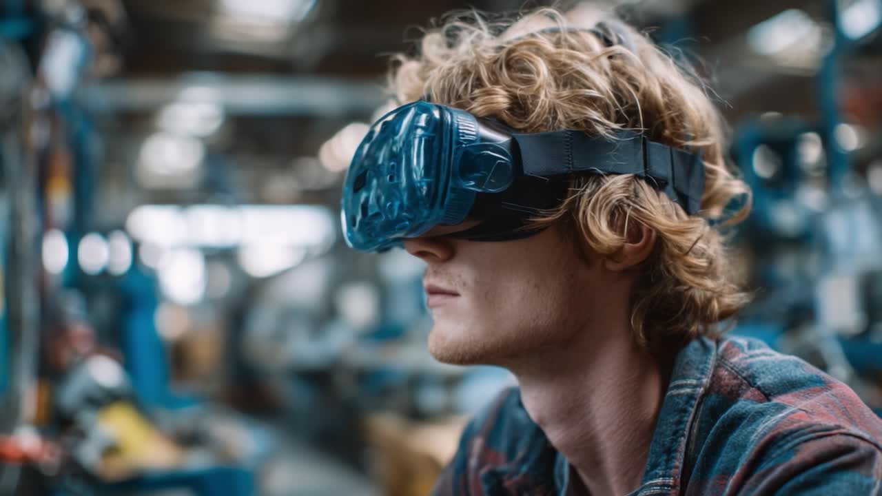 Exploring Immersive Technologies: A Focused Individual Engaged in Virtual Reality Experience with VR Headset in a Modern Workshop Environment