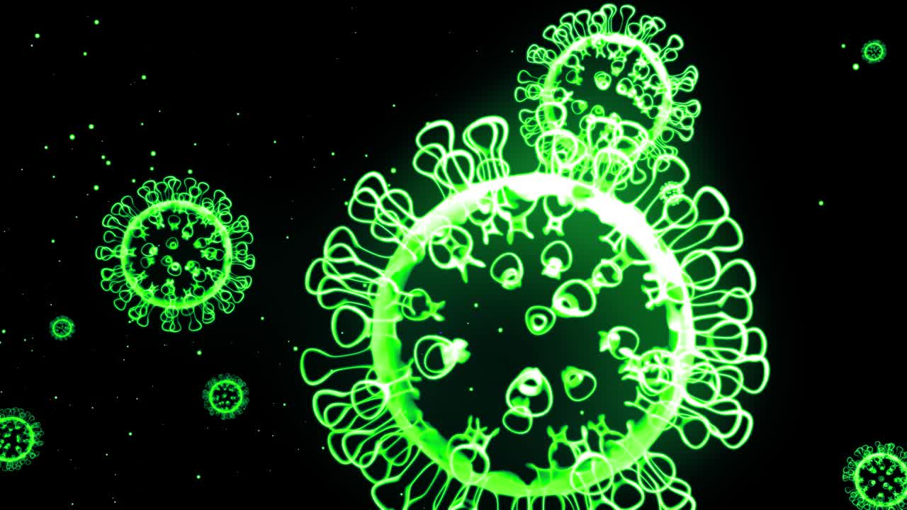 Immagine olografica verde luminosa di coronavirus come il virus COVID-19 o il virus dell'influenza che vola nell'aria o fluttua dolcemente su sfondo nero. Animazione 3D in 4K in loop. Per presentazione informativa
