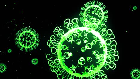 green glowing holographic image of coronavirus like covid-19 virus or influenza virus flies in air or float smoothly on black background. 3d animation in 4k looped. for informational presentation.