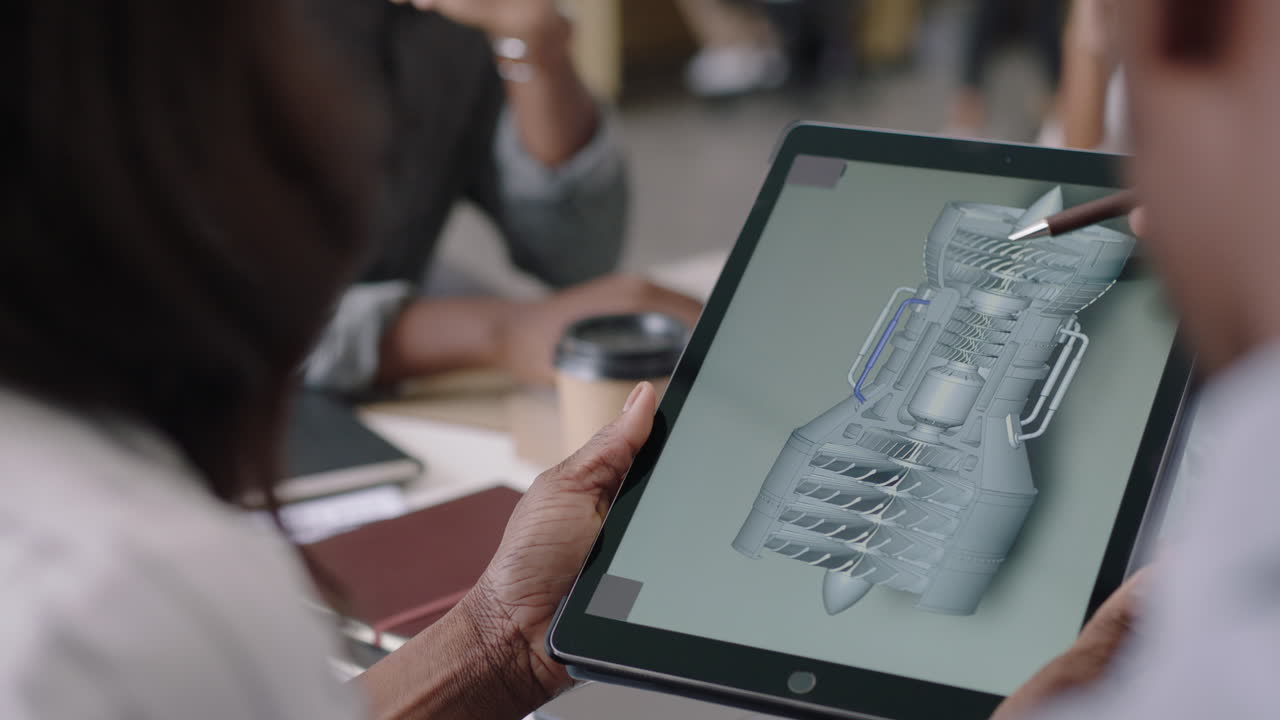 아프리카계 미국인 사업가들 브레인스토밍 엔지니어들이 태블릿 컴퓨터를 사용하여 프로토타입 엔진 터빈을 설계 3d 기술 창의적인 팀 협력 팀워크 사무실 회의에서 아이디어를 공유