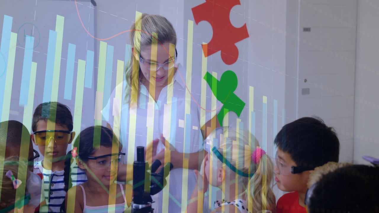 animación de gráficos de barras sobre niños y maestros usando el microscopio en el aula
