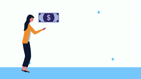 joven mujer de negocios usando teléfono inteligente con dinero