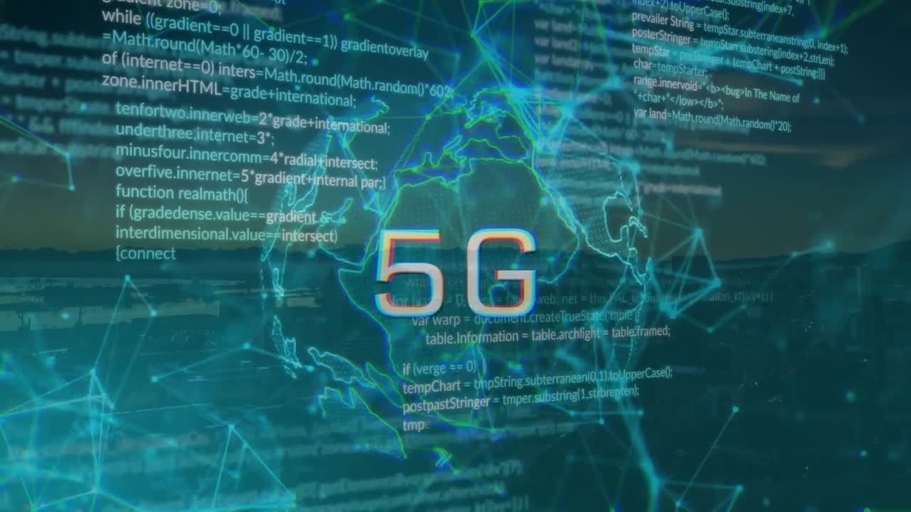 animación de la red de conexiones sobre texto y globo 5g