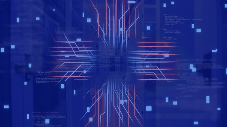 Animation of circuit board and data processing over computer servers