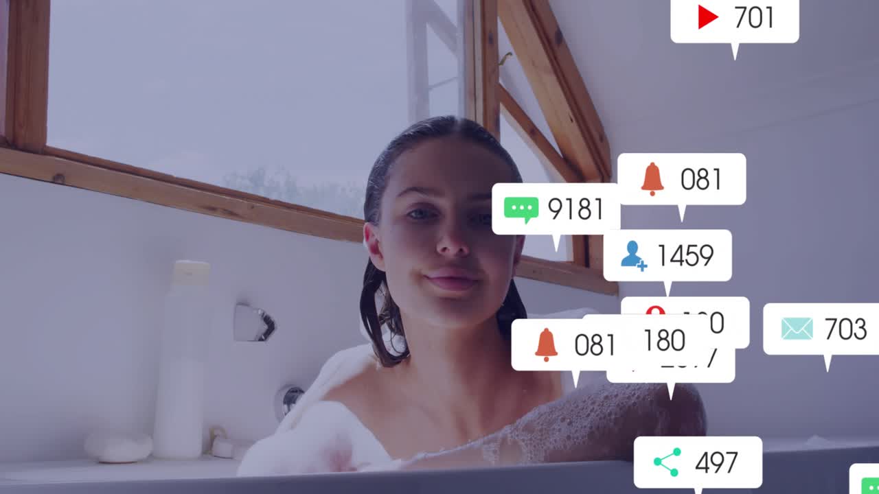 Adult woman settling into bubble bath, initiating social media icons multiplying showing overload