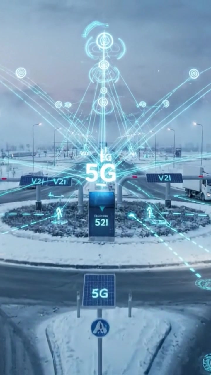 Una visione del trasporto moderno: un incrocio intelligente alimentato dalla tecnologia 5G in un paesaggio invernale, che mostra traffico, connettività e innovazione urbana.