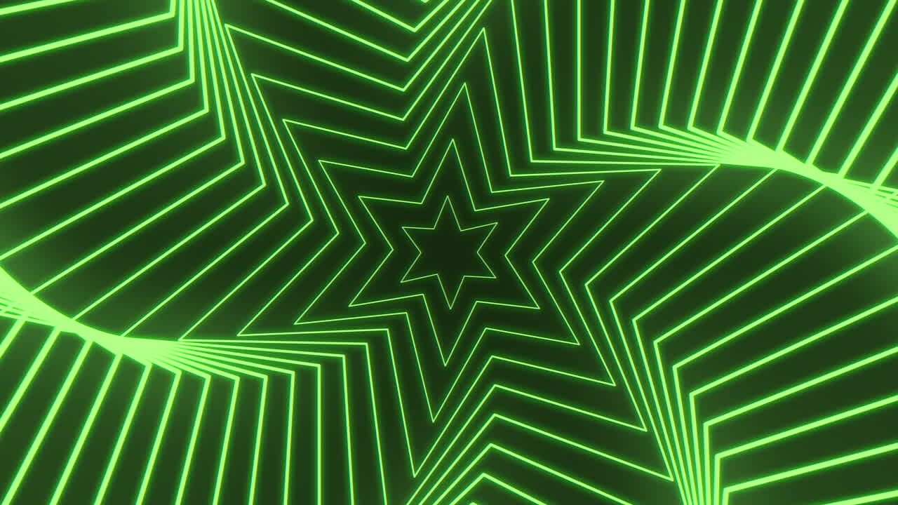 Tunnel a stella geometrico astratto verde neon con linee luminose e profondità prospettica, sfondo digitale futuristico per visual musicali, promozioni tecnologiche, schermi VJ e UI