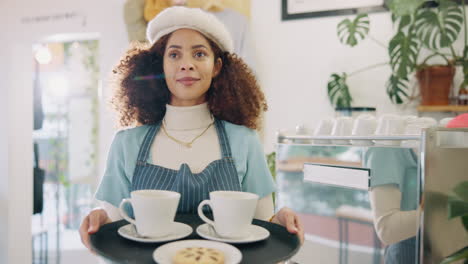 waitress holding coffee and cookies